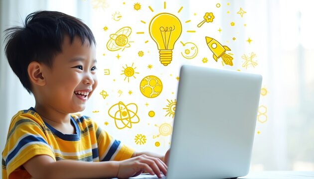 Happy Asian toddler boy smiles using laptop for online class. Young student learns science with notebook and bright idea icons. Childhood fun education.