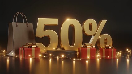 Golden fifty percent discount offer with gift boxes and shopping bag illuminated ,Golden fifty percent sale glows with luxury gifts, Warm festive lights highlight a special holiday offer. - Powered by Adobe