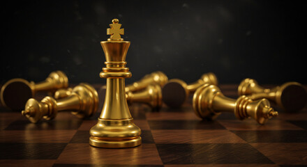Golden chess king triumphs over fallen opponents