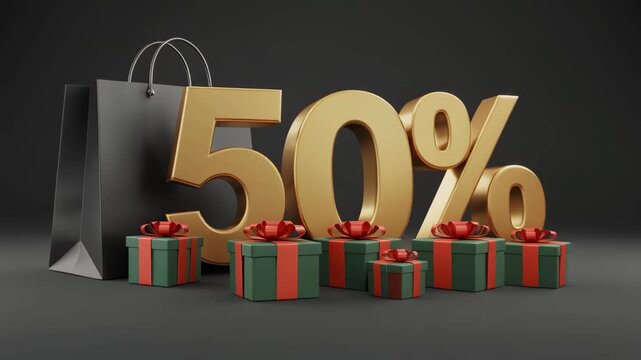 Fifty percent discount offer with golden numbers and gift boxes sale , Golden fifty percent sale glows with luxury gifts, Warm festive lights highlight a special holiday offer.