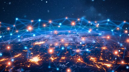 Obraz premium Illuminated grid enveloping a globe, symbolizing globalization and international trade dynamics