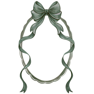 Elegant green ribbon oval frame watercolor illustration with long flowing bow and vintage decorative details