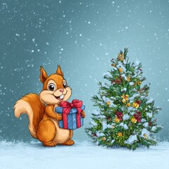 Obraz premium a squirrel with a gift against the background of a Christmas tree.