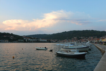 Fototapeta premium Beautiful sunset in Vela Luka, small town on island Korcula, Croatia.
