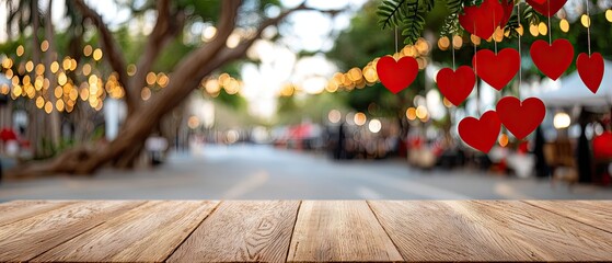 Wooden table ready for product display with hearts garland and candles in a festive setting for Valentine's Day celebration