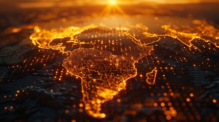 Illuminated grid encircling a globe  symbolizing globalization and international trade connections