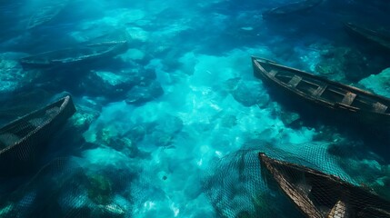 Fototapeta premium A serene underwater scene showcasing clear blue waters, coral formations, and traditional boats surrounded by fishing nets.