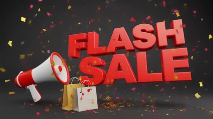 Red 3d text flash sale announcement with confetti falling and a megaphone promotion, Flash sale erupts from a bold red megaphone, Vibrant confetti highlights an urgent limited-time offer.