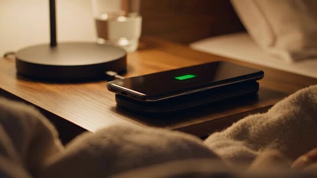 Smartphone charging wirelessly on bedside table with display glowing, cellphone is resting on charging pad in dim light, for convenient overnight charging.