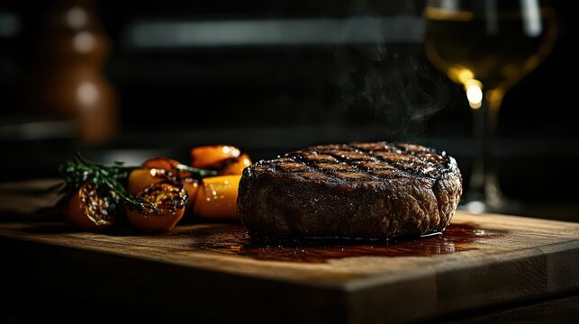 An enticing image showcasing a perfectly seared steak on a rustic wooden board, accompanied by grilled vegetables, presenting an appealing culinary experience for food enthusiasts.
