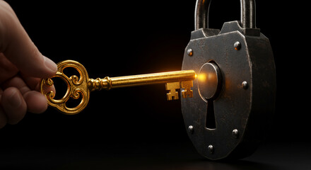 Gold key unlocking metal padlock on dark background