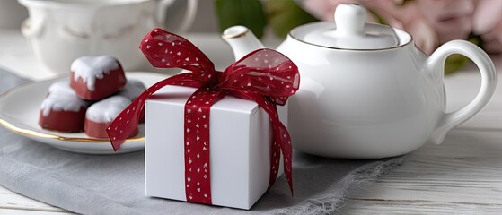Valentine's day gift box featuring heart-shaped chocolates beside a teapot on a white wooden table in soft, natural light