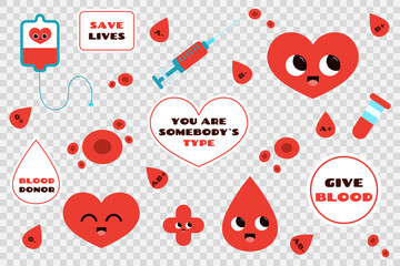 Collection of cute stickers for blood donation in groovy style isolated on transparent background.Template badges set.Hearts, blood drops, drop counter, syringe, red blood cells. Vector illustration. 