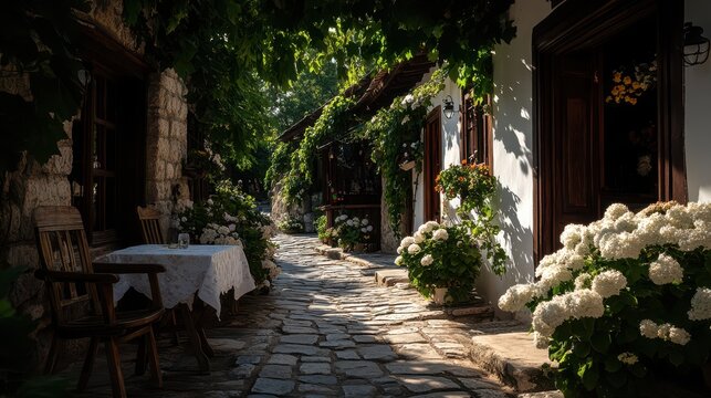 A quaint cobblestone pathway lined with beautiful flowers leads through a serene village setting, capturing the charm and tranquility of a peaceful outdoor escape.