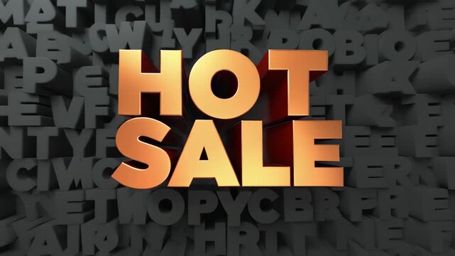 Golden hot sale 3d text animation with blurred alphabet background for retail promotion , Golden hot sale text glows in a premium 3D design, Luxury promotion highlights an exclusive .