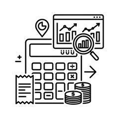 Financial analysis concept with calculator, graph, receipt, and coin stack