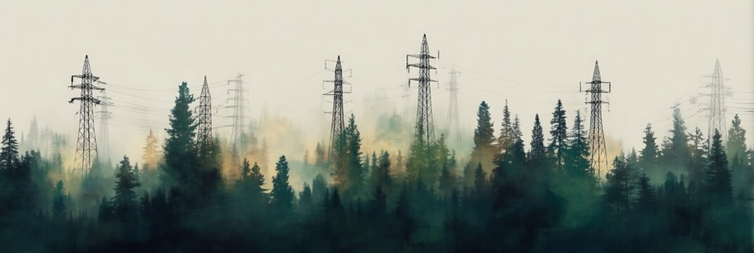 A tranquil landscape featuring tall trees and electricity pylons, blending nature with human infrastructure in a misty atmosphere.