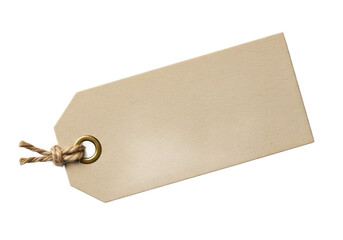 Blank natural kraft paper price tag with twine string and metal eyelet isolated on transparent background