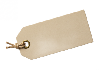 Blank natural kraft paper price tag with twine string and metal eyelet isolated on transparent background