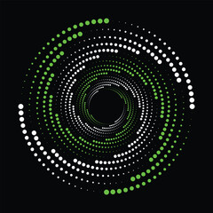 Abstract spiral of green and white dots modern vector design element isolated on black background