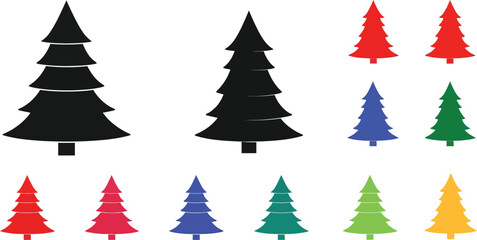 Colorful stylized pine tree icons in a variety of shapes and sizes