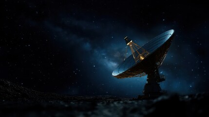 A large satellite dish stands illuminated against a breathtaking starry night sky, representing the intersection of technology and the mysteries of the universe.