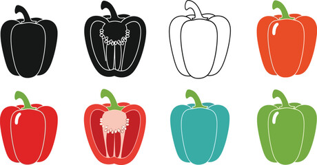 Colorful bell peppers in various styles whole halved and outlined designs