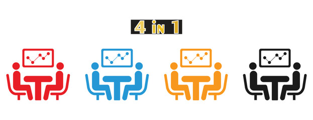 Business Meeting and Presentation Icon Set, Two People at a Table Reviewing Data Chart