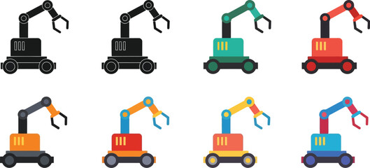 Set of robotic arms in various colors and configurations isolated icons