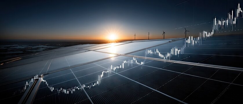 Sunset over solar panels and wind turbines illustrates the rise of green energy investment in a sustainable future