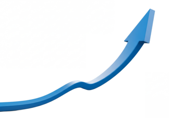 A bright blue 3d arrow graphic showing upward progress and positive growth isolated on transparent background