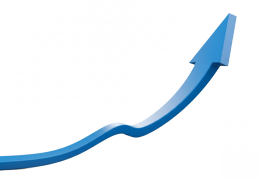 A bright blue 3d arrow graphic showing upward progress and positive growth isolated on transparent background