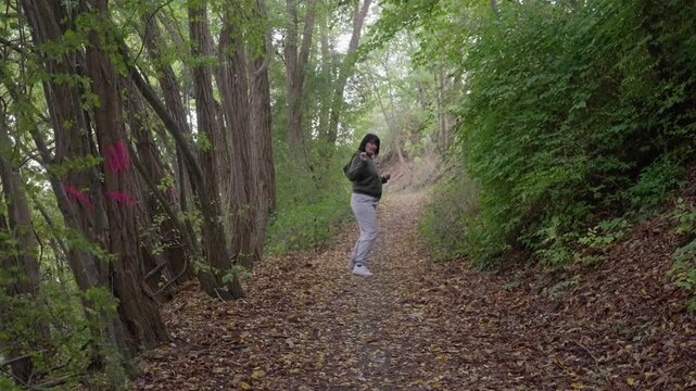 peaceful forest journey experience, serene forest adventure with gentle rustling and filtered sunlight, relaxing nature exploration through leafy paths illuminated by soft patches of sunlight