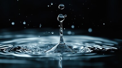 A close-up view of a single water droplet falling into calm water, creating exquisite ripples, symbolizing tranquility, connection, and the beauty of fleeting moments in time.
