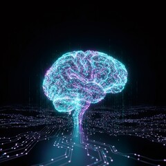 Digital brain with neural network connection on a circuit board. Concept of artificial intelligence, machine learning, and advanced computer technology.