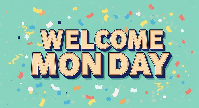 Cheerful Welcome Monday Illustration with Colorful Confetti on a Green Background
