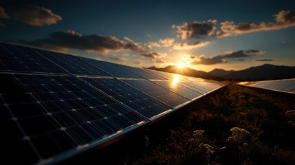 Solar panels glistening under a breathtaking sunset, illustrating the harmonious blend of technology and nature, while emphasizing the importance of sustainable energy solutions.