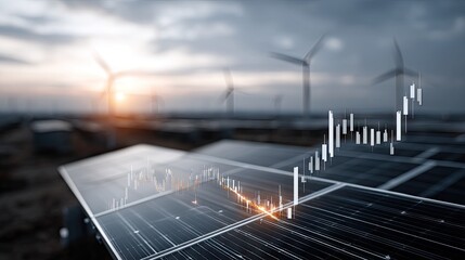 Solar panels and wind turbines create a powerful energy concept with stock chart overlay at sunset