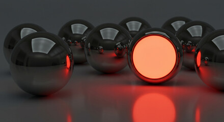Glowing sphere among matte gray spheres on reflective gray background