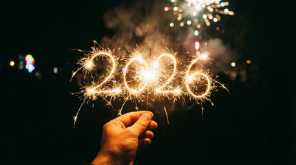 Hand holding glowing 2026 sparkler for new year celebration