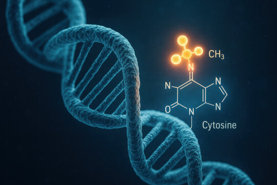 Futuristic dna double helix structure with glowing cytosine molecule. methyl group attaching to gene shows complex genetic science in cool, scientific atmosphere