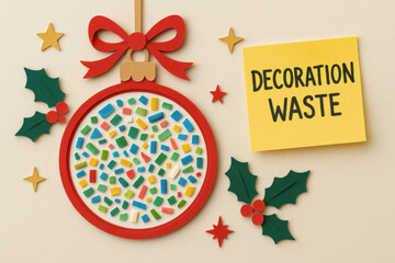 Festive Christmas ornament decoration filled with microplastic, powerful concept about holiday waste and environmental pollution. An eco conscious paper cut art with strong message