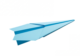 A simple light blue paper airplane folded from a sheet of paper flying forward on a transparent background isolated on transparent background