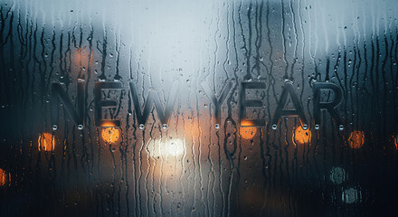 New Year message written on a foggy glass with bokeh lights  