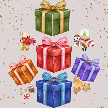 Illustrazione contenente pacchi regalo colorati e altri soggetti a tema natalizio 