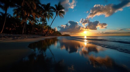 A stunning tropical beach at sunset, featuring reflective waters and palm trees, creating a vibrant and serene atmosphere that captures the essence of a perfect getaway.