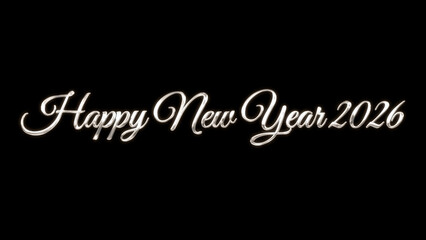 Happy new year 2026 image in silver lettering against a black background. Perfect for new years eve party invitations or social media posts.