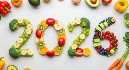 Fresh fruits and vegetables forming the number 2026 on a surface  