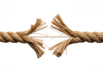 Close up of a thick frayed rope breaking apart in the middle with strands separating isolated on transparent background