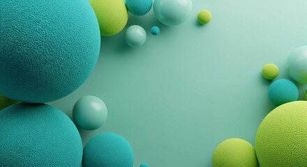Abstract 3D rendering of fluffy blue and green spheres on a teal background
